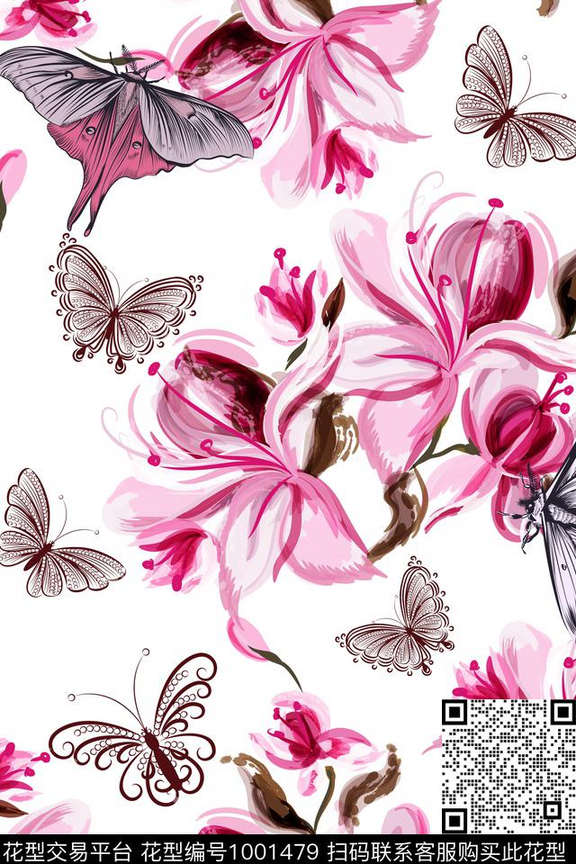 蝴蝶-1.jpg - 1001479 - 花卉 蝴蝶 手绘花卉 - 数码印花花型 － 女装花型设计 － 瓦栏