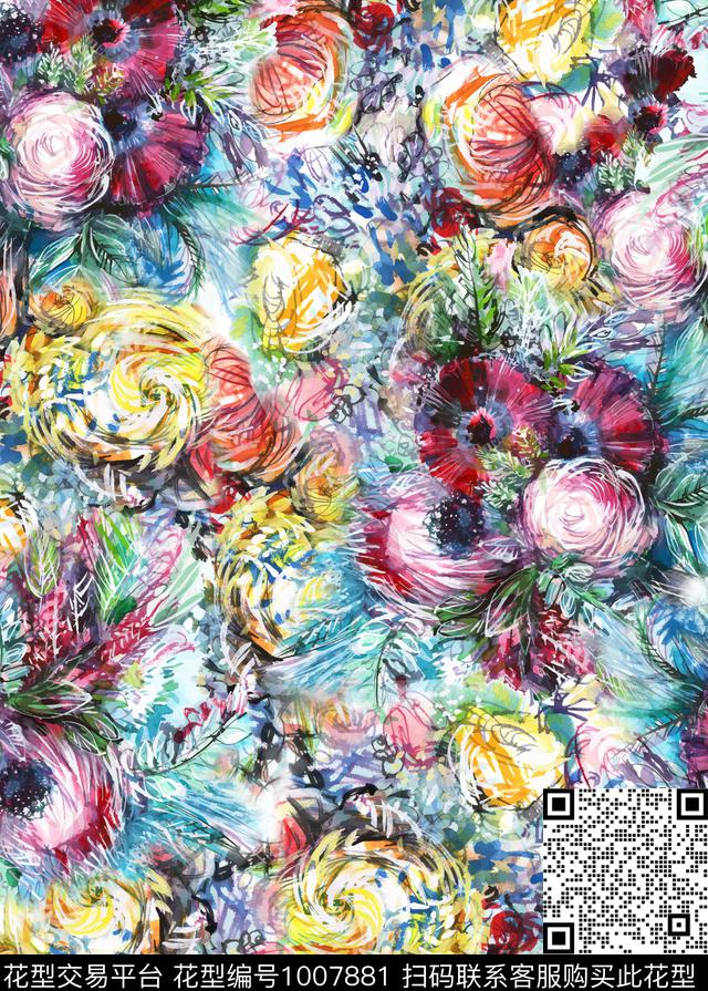 天然.jpg - 1007881 - 手绘花卉 花卉 玫瑰花 - 数码印花花型 － 女装花型设计 － 瓦栏