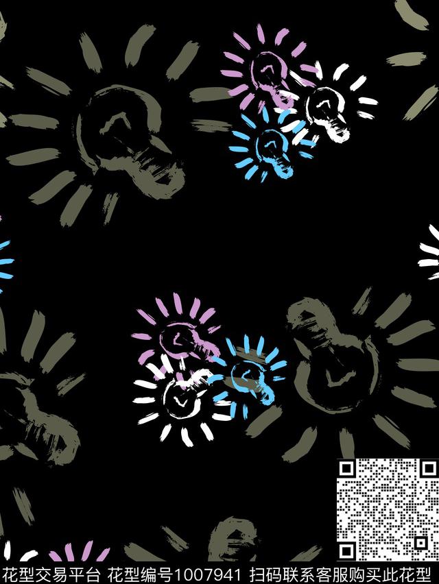 2018夏季手绘简笔钨丝灯泡深底.jpg - 1007941 - 创意 卡通 灯泡 - 传统印花花型 － 其他花型设计 － 瓦栏