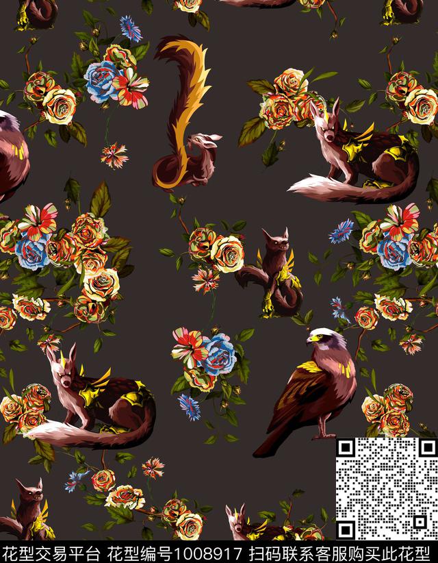 Z9989.jpg - 1008917 - 动物花卉 数码花型 老鹰 - 数码印花花型 － 男装花型设计 － 瓦栏