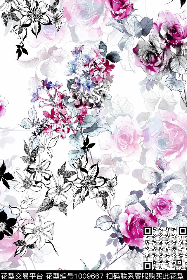 YD000700096.jpg - 1009667 - 数码花型 黑白花型 花卉 - 数码印花花型 － 女装花型设计 － 瓦栏
