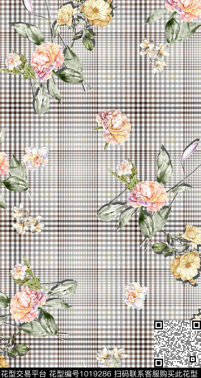XJL218006.jpg - 1019286 - 格子 手绘花卉 欧洲 - 数码印花花型 － 女装花型设计 － 瓦栏
