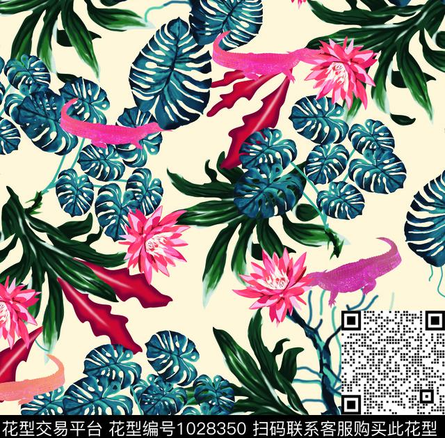 1806-热带叶.jpg - 1028350 - 数码花型 植物 绿植树叶 - 数码印花花型 － 泳装花型设计 － 瓦栏