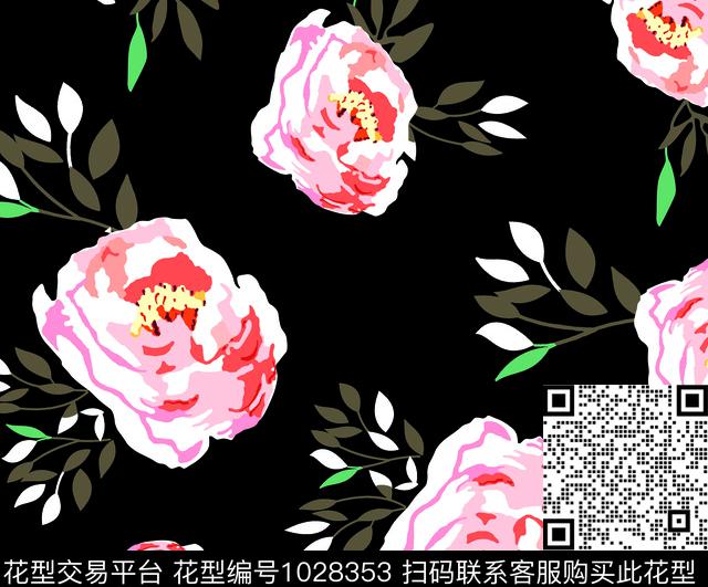 1808-花小叶.jpg - 1028353 - 大花 数码花型 植物 - 数码印花花型 － 泳装花型设计 － 瓦栏