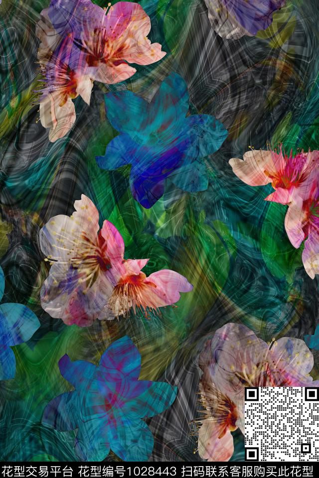 桃花与迎春花.jpg - 1028443 - 大花 数码花型 花卉 - 数码印花花型 － 女装花型设计 － 瓦栏