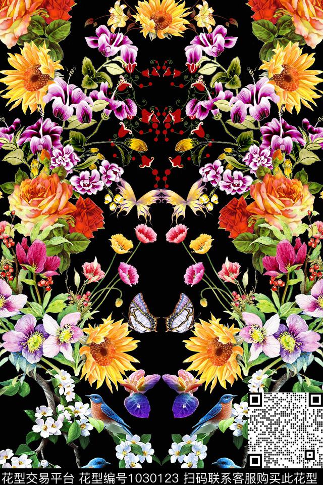 QJ2018-0021.jpg - 1030123 - 定位花 花卉 混合拼接 - 数码印花花型 － 女装花型设计 － 瓦栏