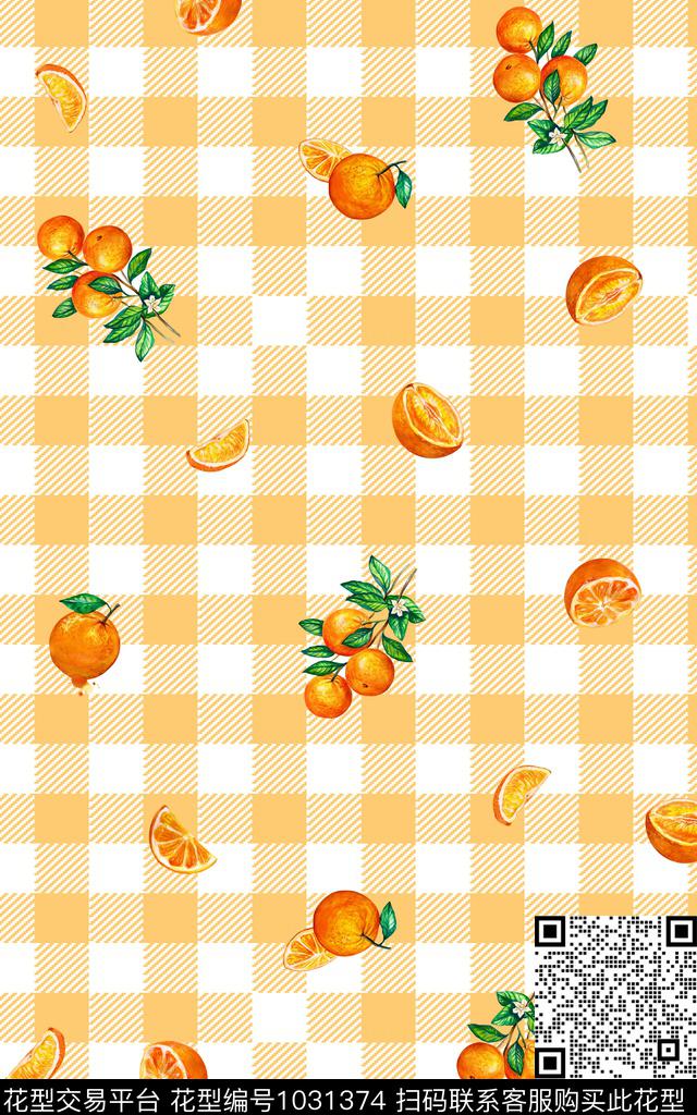 橘子橙子A.jpg - 1031374 - 趣味 线条 绿植树叶 - 数码印花花型 － 女装花型设计 － 瓦栏