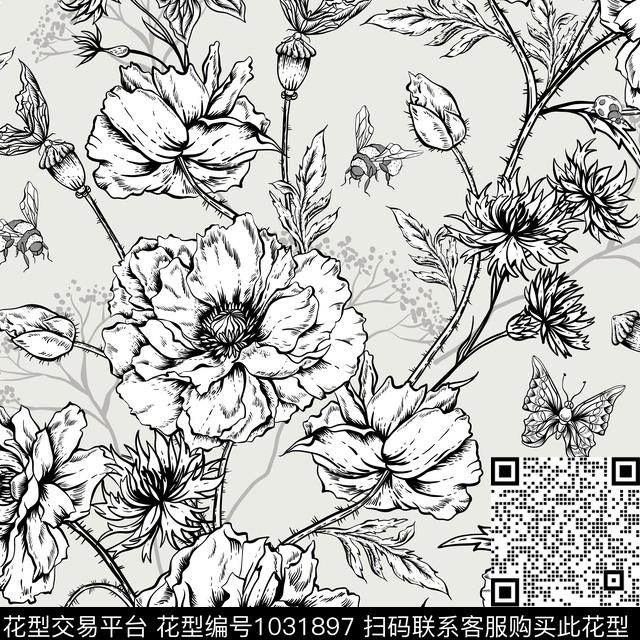 枝条花.jpg - 1031897 - 手绘花卉 树枝 黑白条纹 - 数码印花花型 － 女装花型设计 － 瓦栏