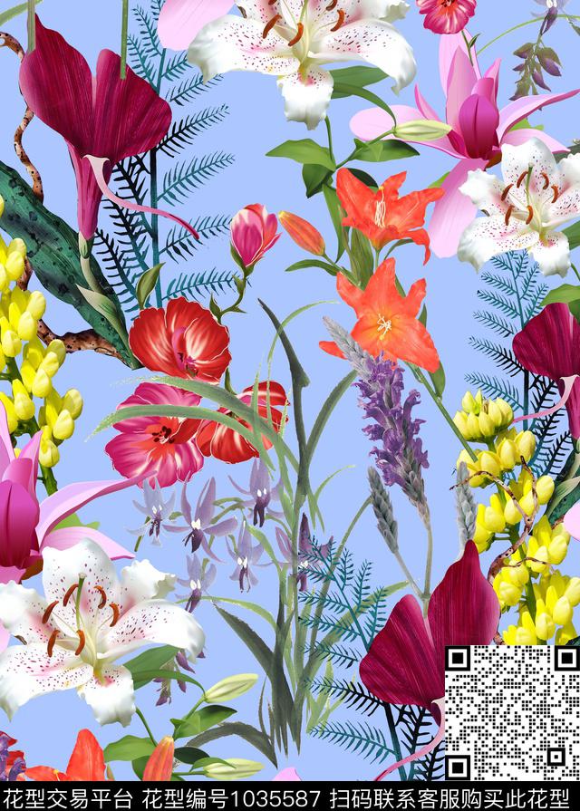 QJ2018-0022-a.jpg - 1035587 - 花卉 简约 清爽底花卉 - 数码印花花型 － 女装花型设计 － 瓦栏