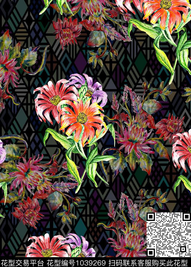 QJ2018-0028.jpg - 1039269 - 抽象 花卉 几何 - 数码印花花型 － 女装花型设计 － 瓦栏