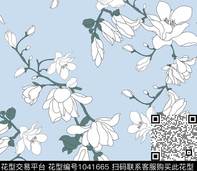 清新玉兰女装浅底2.jpg - 1041665 - 衬衫 雪纺 女装玉兰 - 传统印花花型 － 女装花型设计 － 瓦栏