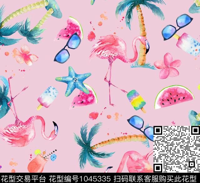 水彩热带.jpg - 1045335 - 冰激凌 西瓜 火烈鸟 - 数码印花花型 － 童装花型设计 － 瓦栏