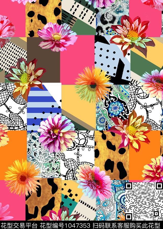 QJ2018-0039.jpg - 1047353 - 花卉 几何 混合拼接 - 数码印花花型 － 女装花型设计 － 瓦栏