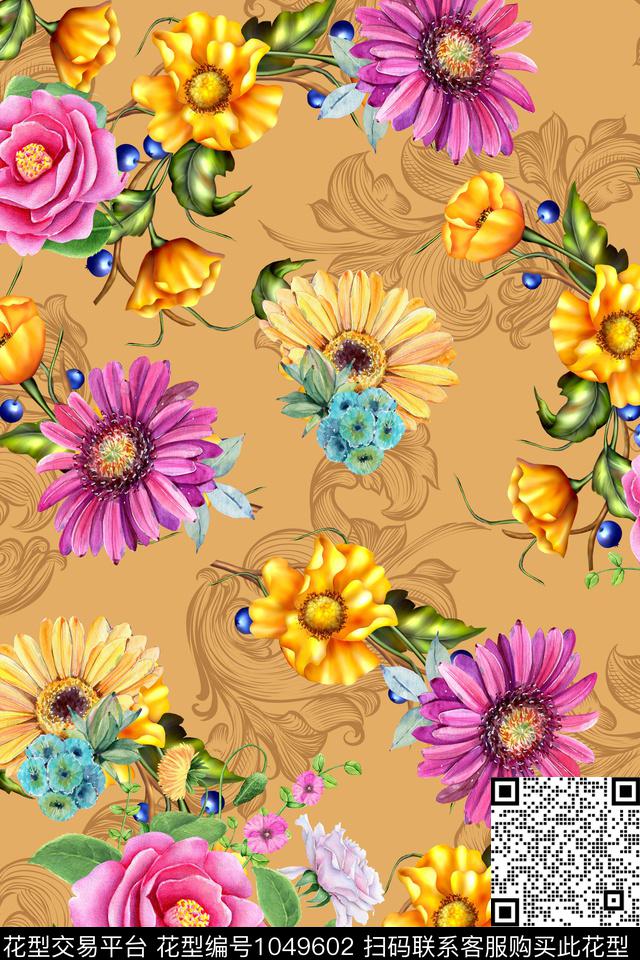 红黄花卉-分层.jpg - 1049602 - 数码花型 植物 花卉 - 数码印花花型 － 女装花型设计 － 瓦栏