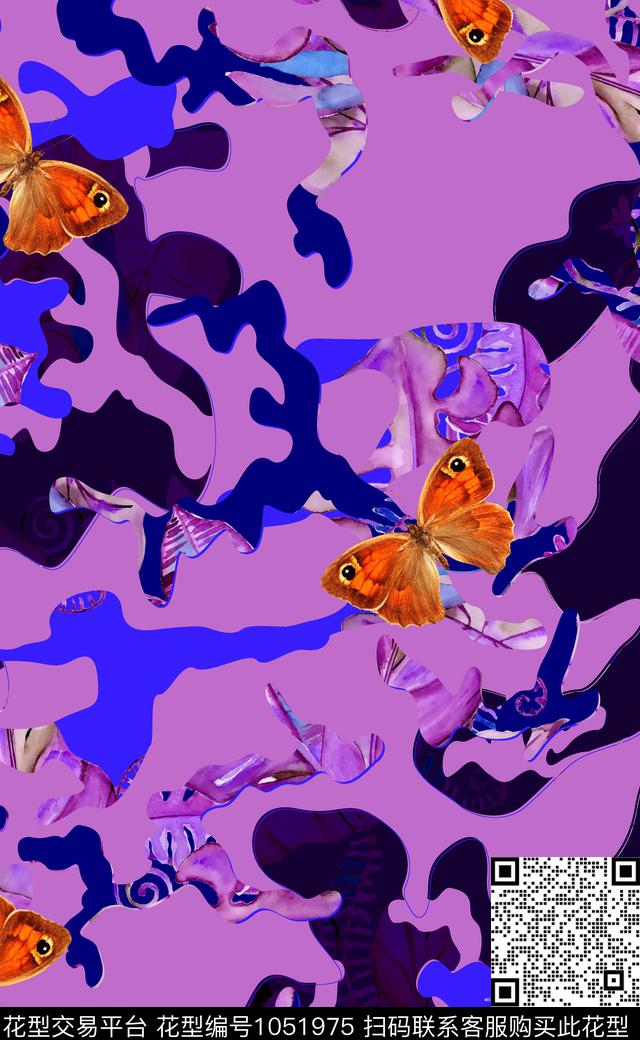 xcwh0924-B.jpg - 1051975 - 数码花型 抽象 花卉蝴蝶 - 数码印花花型 － 女装花型设计 － 瓦栏