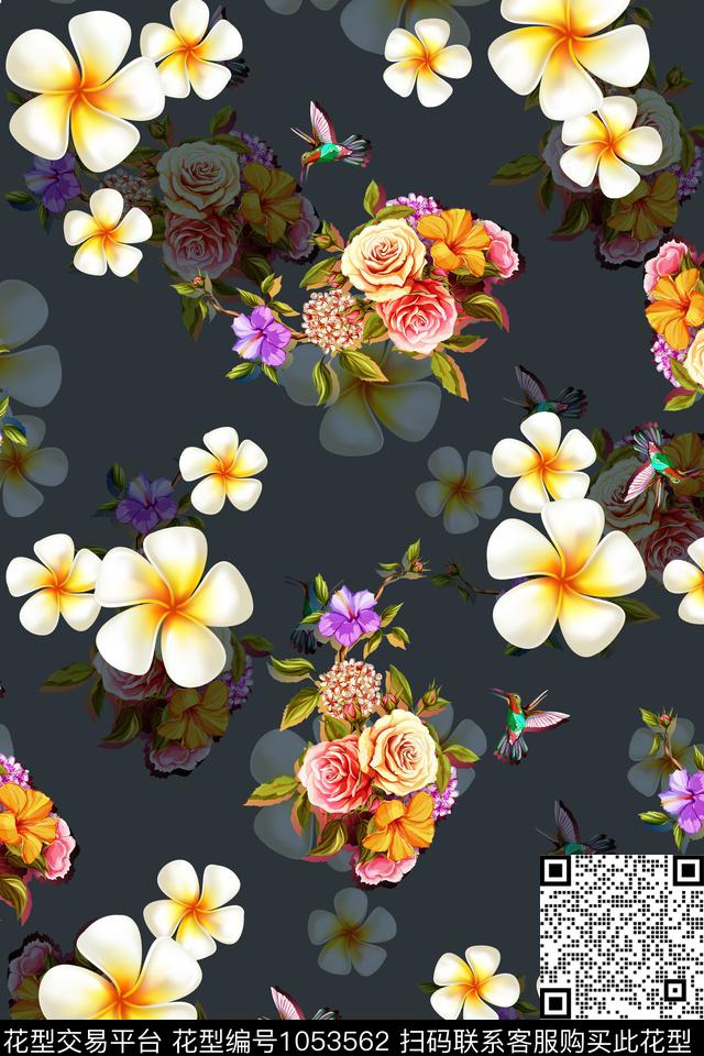 180415a 花卉.jpg - 1053562 - 数码花型 水彩花卉 绿植树叶 - 数码印花花型 － 女装花型设计 － 瓦栏