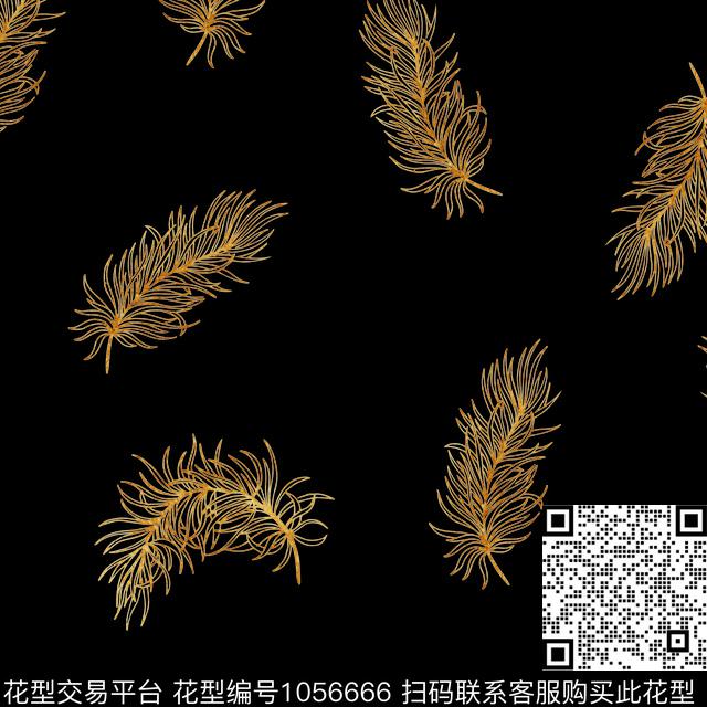 金色羽毛.jpg - 1056666 - 羽毛 金色 黑底花卉 - 数码印花花型 － 女装花型设计 － 瓦栏