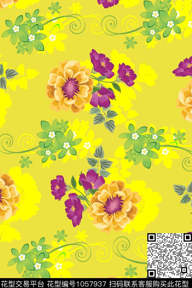 180502a 花卉.jpg - 1057937 - 数码花型 水彩花卉 绿植树叶 - 数码印花花型 － 女装花型设计 － 瓦栏