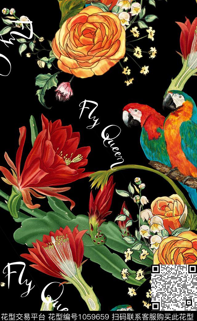 xcwh0934.jpg - 1059659 - 数码花型 字母 鹦鹉 - 数码印花花型 － 女装花型设计 － 瓦栏