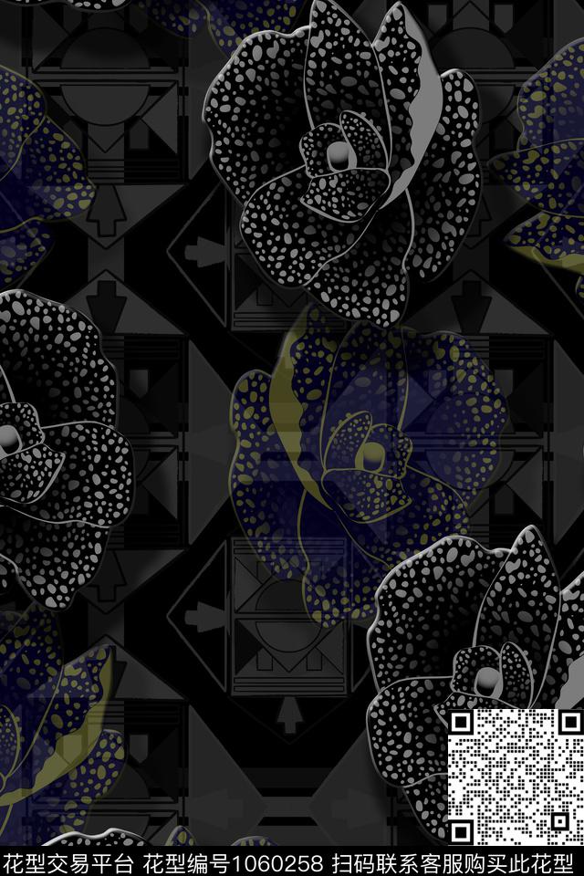 AH-EG恶魔花.jpg - 1060258 - 黑底花卉 肌理 抽象 - 数码印花花型 － 男装花型设计 － 瓦栏