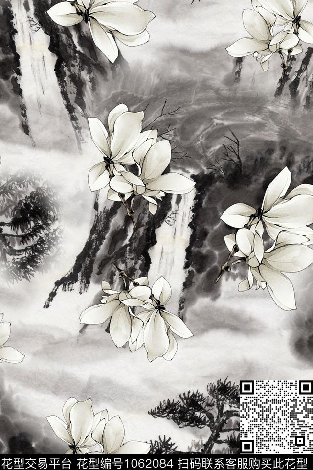 1805-04.jpg - 1062084 - 玉兰花 水墨风 复古 - 数码印花花型 － 女装花型设计 － 瓦栏