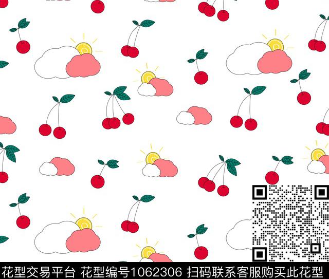 樱桃.jpg - 1062306 - 卡通动物 樱桃 水果 - 传统印花花型 － 床品花型设计 － 瓦栏