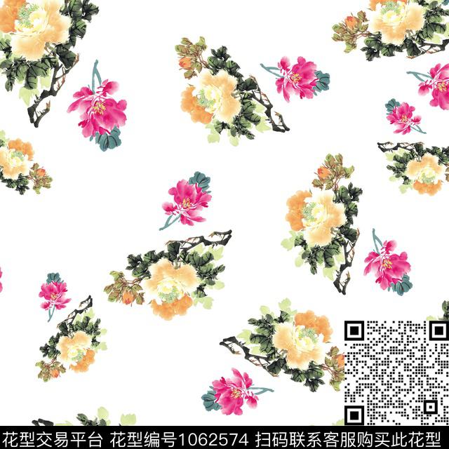 W-788.jpg - 1062574 - 中国 手绘花卉 水墨风 - 数码印花花型 － 女装花型设计 － 瓦栏