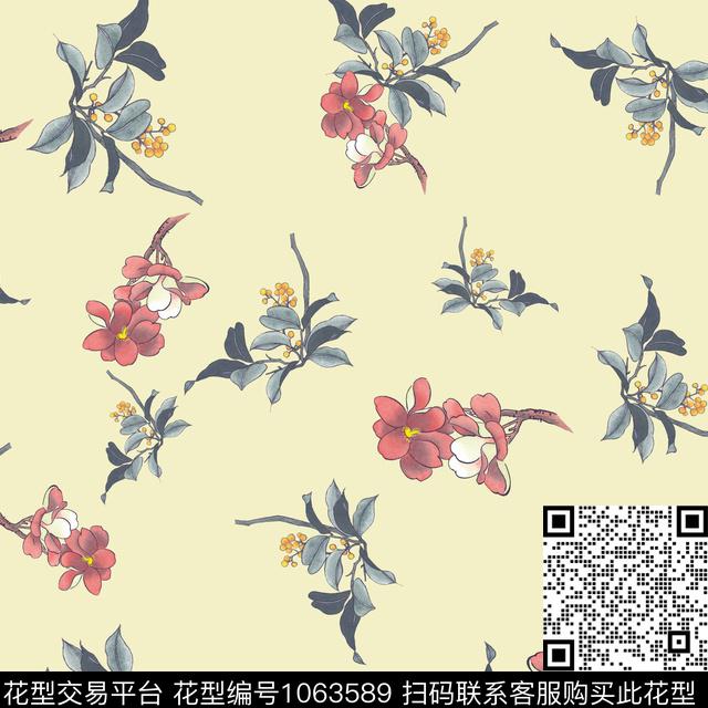 W-835.jpg - 1063589 - 中国 手绘花卉 水墨风 - 数码印花花型 － 女装花型设计 － 瓦栏