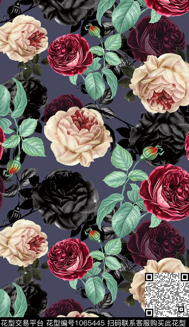 玫瑰花.jpg - 1065445 - 手绘玫瑰 红玫瑰 白玫瑰 - 数码印花花型 － 女装花型设计 － 瓦栏