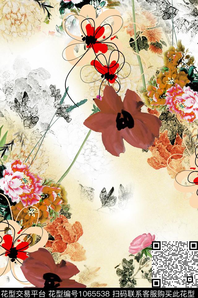 94.jpg - 1065538 - 水彩花卉 水墨风 中国 - 数码印花花型 － 女装花型设计 － 瓦栏