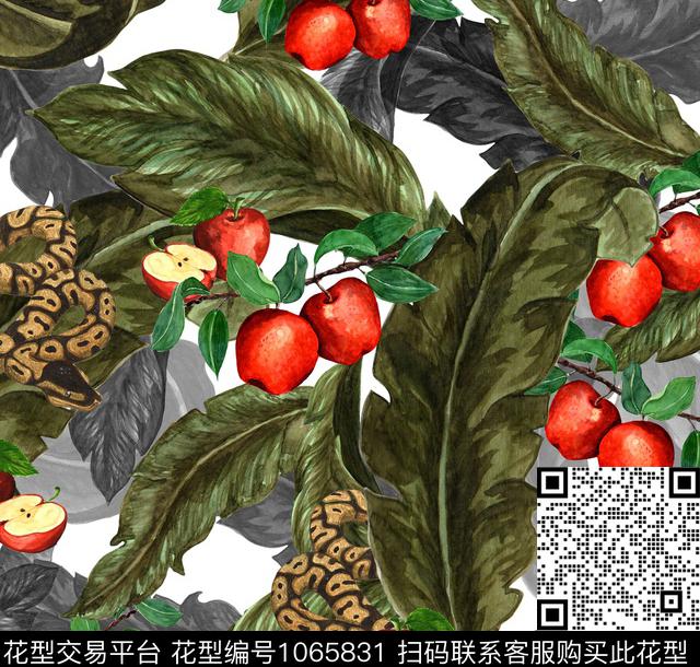 叶子水果.jpg - 1065831 - 苹果 蛇 绿植树叶 - 数码印花花型 － 女装花型设计 － 瓦栏