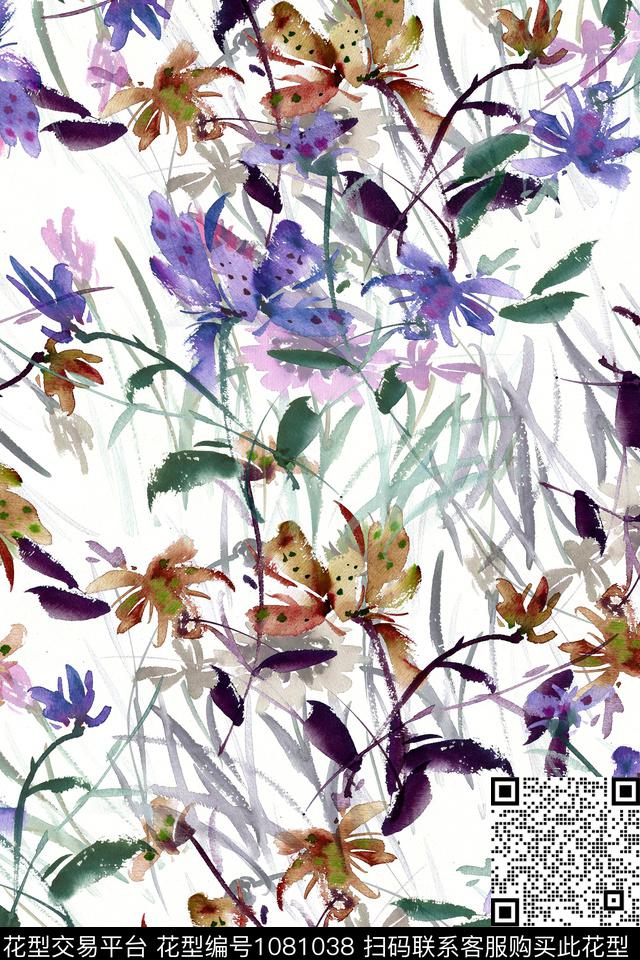 紫色花朵组合.jpg - 1081038 - 数码花型 手绘花卉 花卉 - 数码印花花型 － 女装花型设计 － 瓦栏