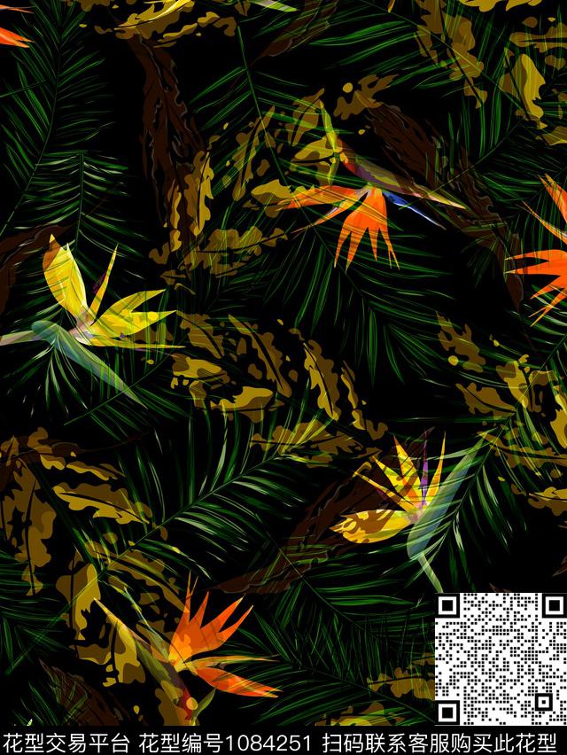 抽象热带.jpg - 1084251 - 抽象男装 绿植树叶 天堂鸟 - 数码印花花型 － 男装花型设计 － 瓦栏