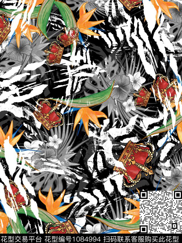复古 热带花 皇冠.jpg - 1084994 - 斑马纹 花卉 复古 - 数码印花花型 － 男装花型设计 － 瓦栏