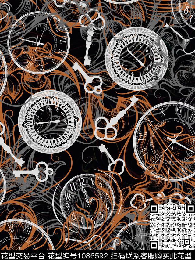 花纹抽象时钟背景.jpg - 1086592 - 抽象 复古 花纹 - 数码印花花型 － 男装花型设计 － 瓦栏