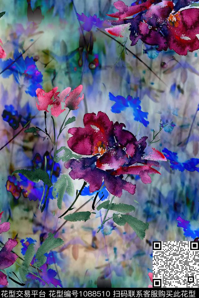 紫红色花卉.jpg - 1088510 - 数码花型 手绘花卉 花卉 - 数码印花花型 － 女装花型设计 － 瓦栏