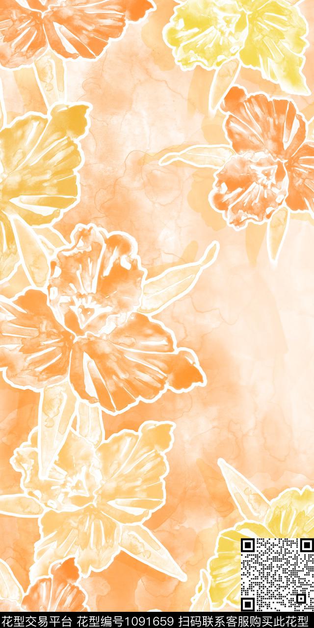 未标题-10.jpg - 1091659 - 大花 水彩花卉 花卉 - 数码印花花型 － 长巾花型设计 － 瓦栏