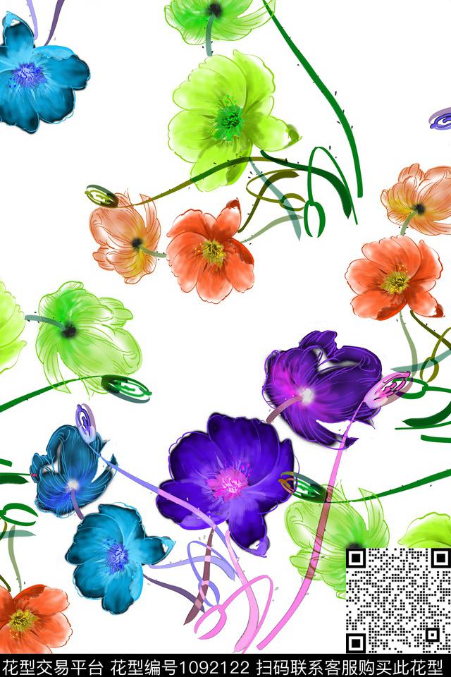 鲜艳的花.jpg - 1092122 - 数码花型 手绘花卉 花卉 - 数码印花花型 － 女装花型设计 － 瓦栏