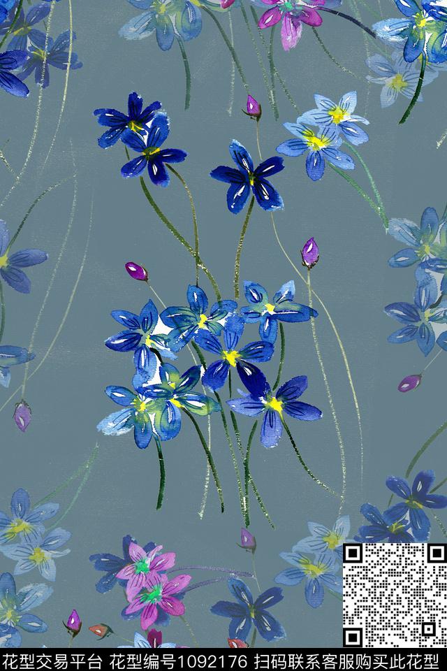 蓝紫色的小花.jpg - 1092176 - 数码花型 手绘花卉 花卉 - 数码印花花型 － 女装花型设计 － 瓦栏