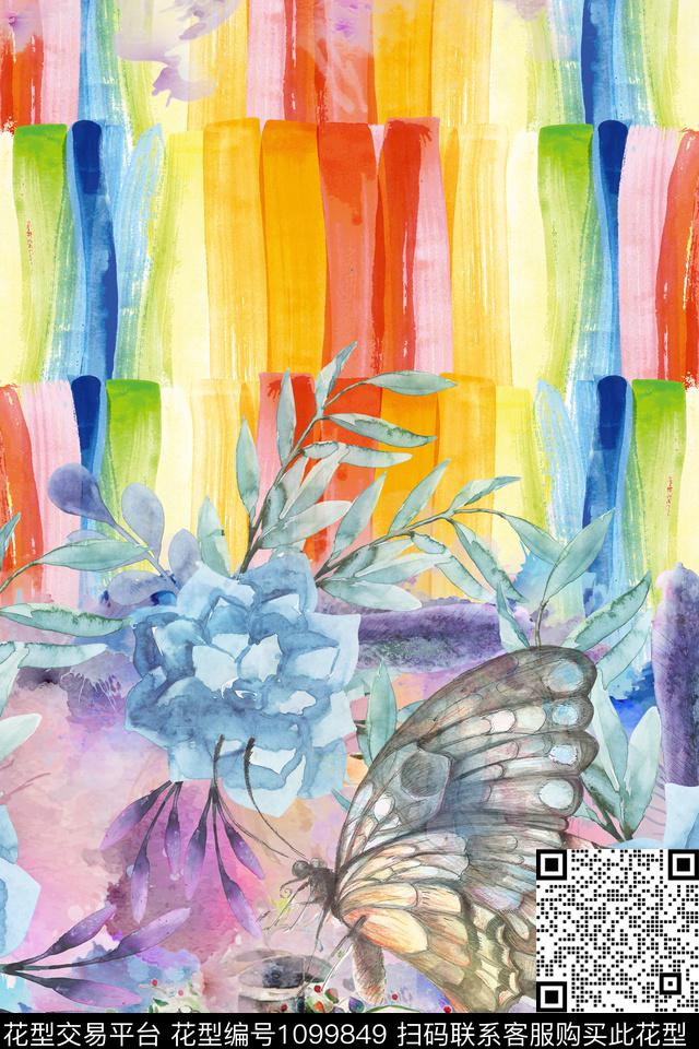 2炫彩手绘蝶恋花.jpg - 1099849 - 水彩花卉 几何 动物 - 传统印花花型 － 女装花型设计 － 瓦栏