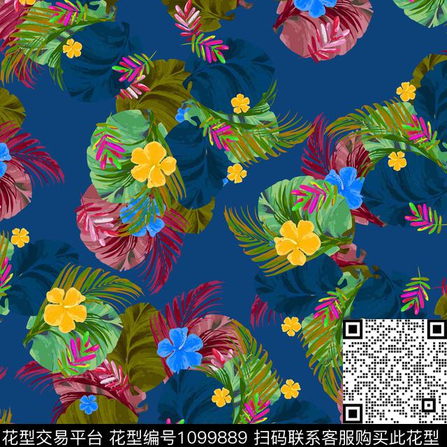 1807010a 热带叶子.jpg - 1099889 - 传统花型 绿植树叶 棕榈树叶 - 传统印花花型 － 女装花型设计 － 瓦栏