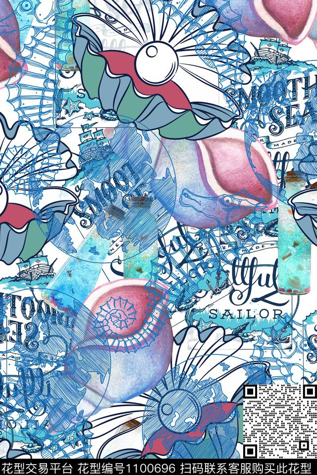 15手绘海洋元素花型.jpg - 1100696 - 女装 海马 手绘海螺 - 传统印花花型 － 女装花型设计 － 瓦栏