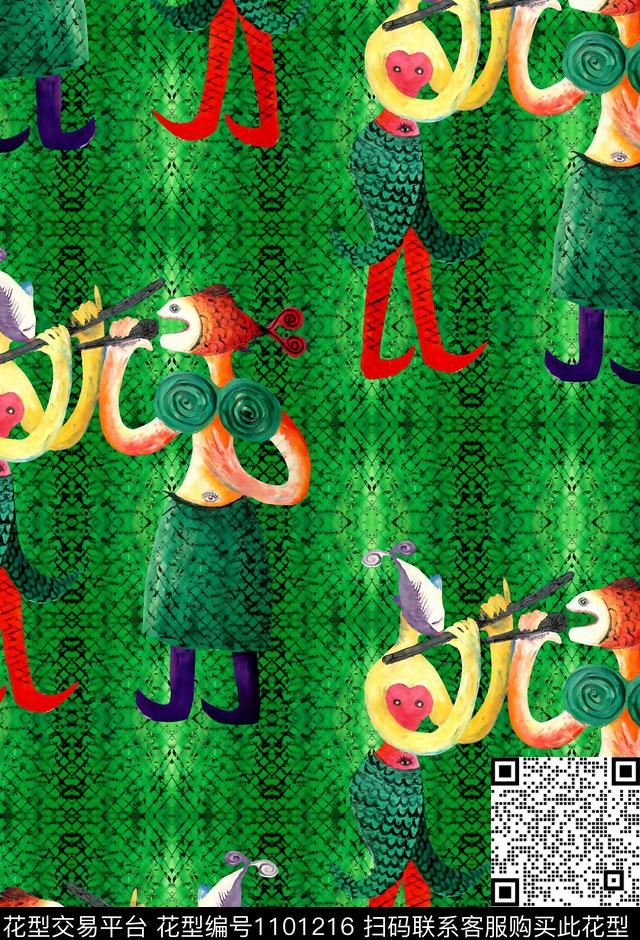 70.jpg - 1101216 - 数码花型 抽象 手绘人鱼 - 数码印花花型 － 女装花型设计 － 瓦栏