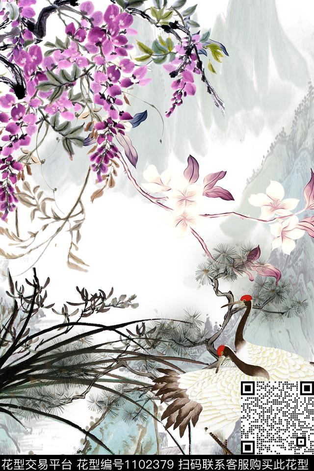 30中国风水墨紫藤兰松单幅花型.jpg - 1102379 - 中国 花卉 水墨风 - 传统印花花型 － 女装花型设计 － 瓦栏
