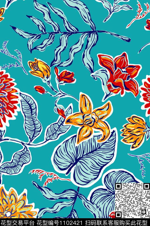 温室花卉2（配色c).jpg - 1102421 - 温室花卉 手绘花卉 绿植树叶 - 传统印花花型 － 女装花型设计 － 瓦栏