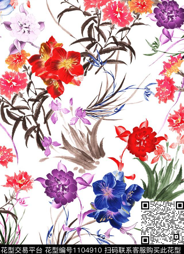 3260574881-31.jpg - 1104910 - 数码花型 白底花 抽象 - 传统印花花型 － 女装花型设计 － 瓦栏