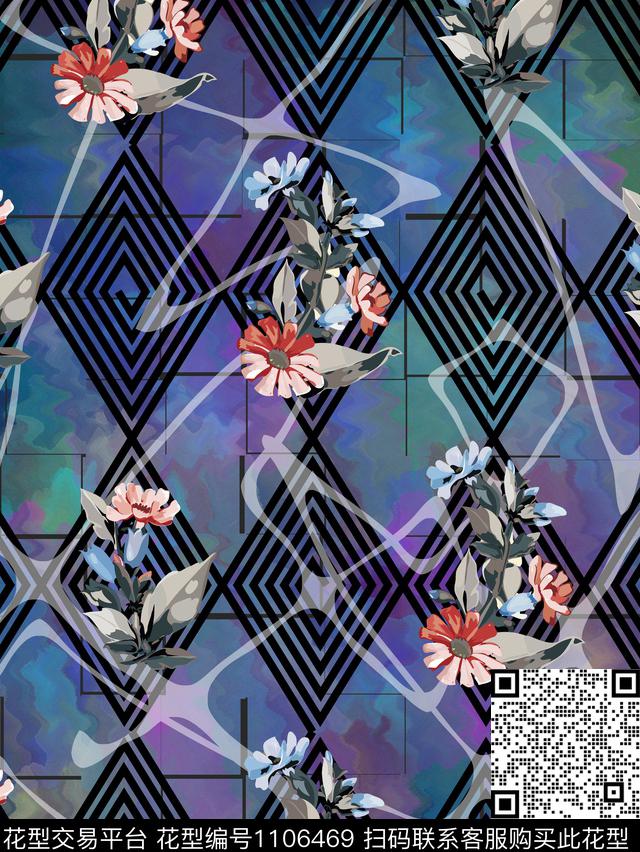 彩色抽象底纹 花卉.jpg - 1106469 - 抽象 花卉 菱形几何背景 - 数码印花花型 － 男装花型设计 － 瓦栏