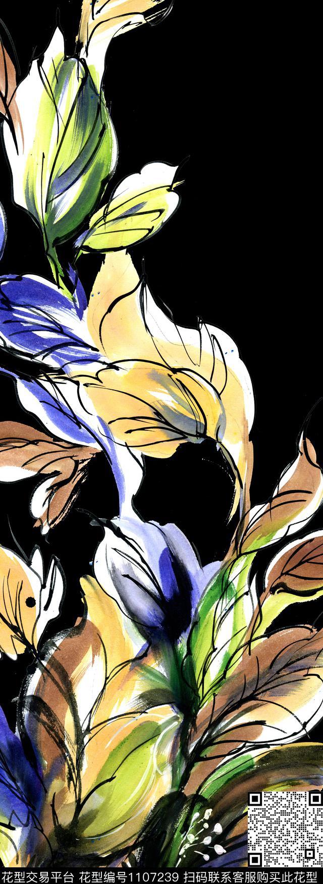 瓦蓝107.jpg - 1107239 - 花卉 定位花 大牌风 - 数码印花花型 － 女装花型设计 － 瓦栏