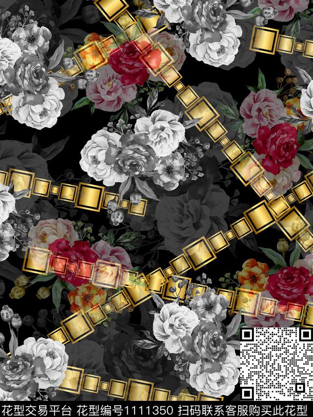 灰色花卉.jpg - 1111350 - 花卉 方框条 潮风 - 数码印花花型 － 男装花型设计 － 瓦栏