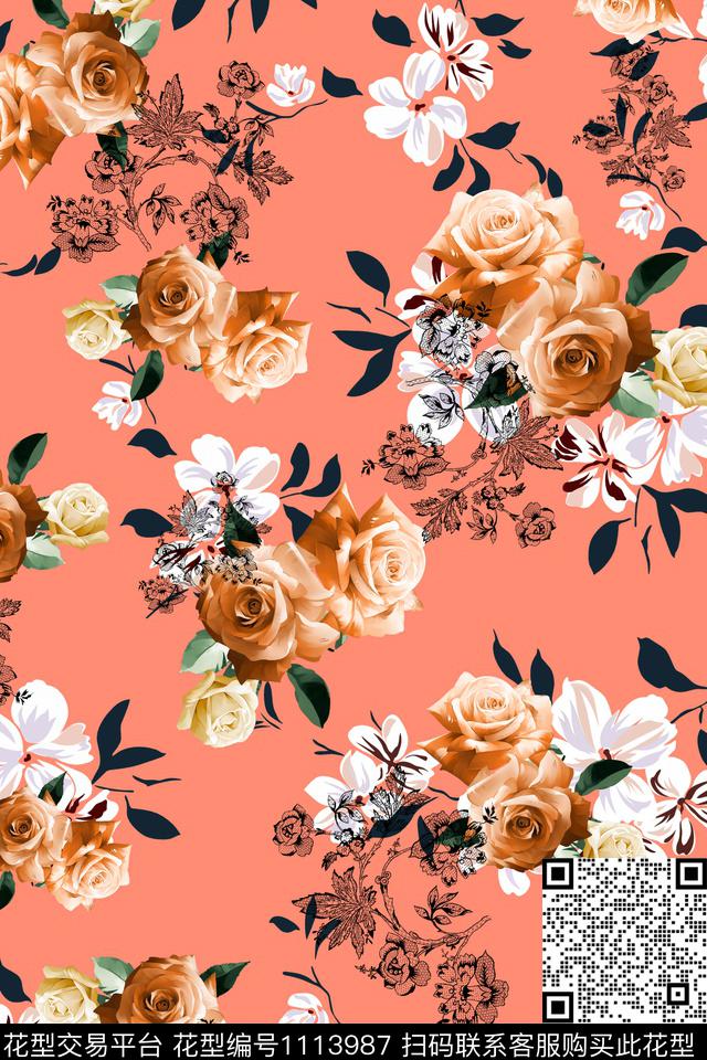 雅致玫瑰.jpg - 1113987 - 雅致花卉 玫瑰优雅 小清新舒畅 - 数码印花花型 － 女装花型设计 － 瓦栏
